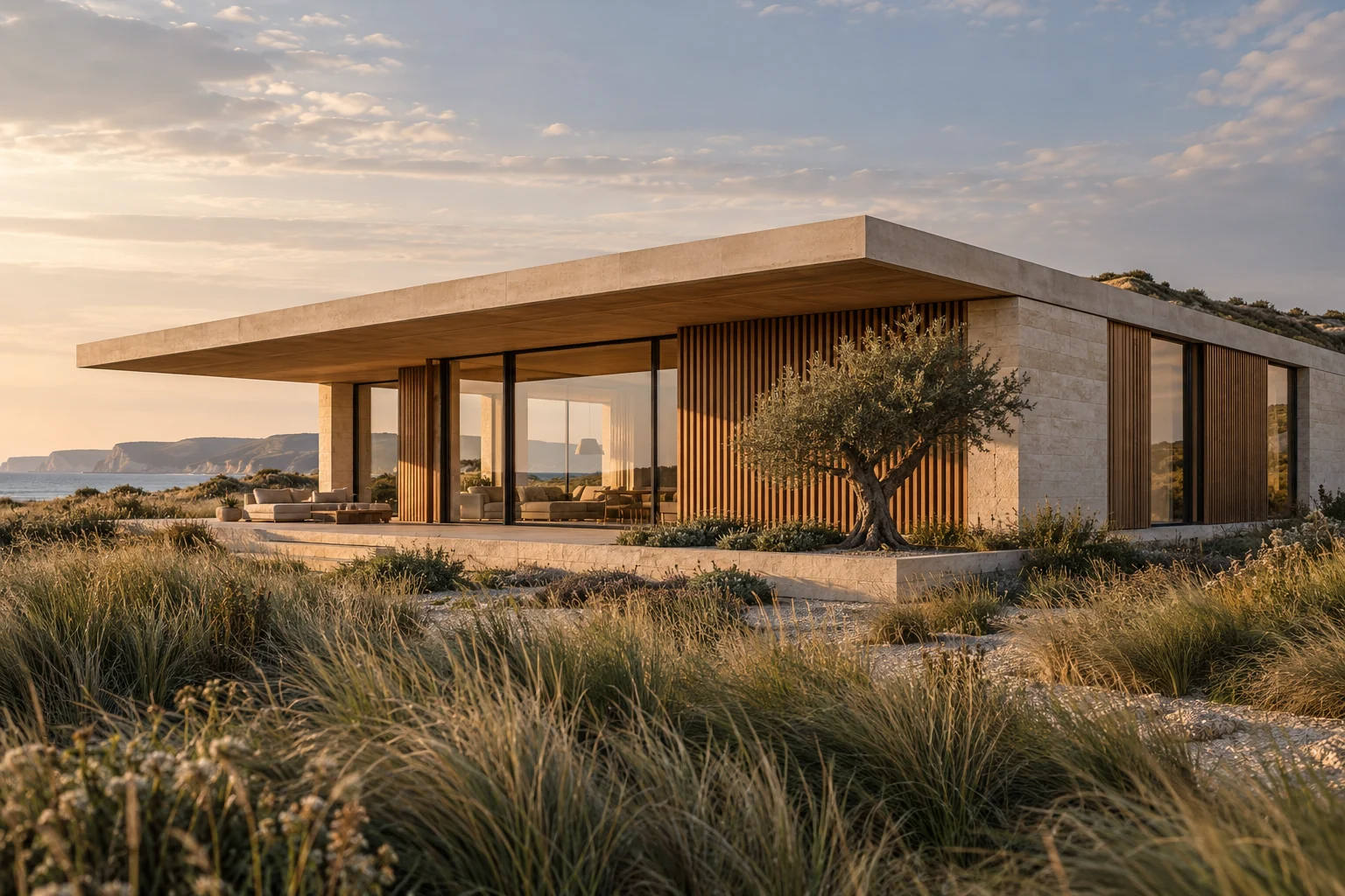 Concept de maison contemporaine en pierre claire et bois, dans les herbes du littoral