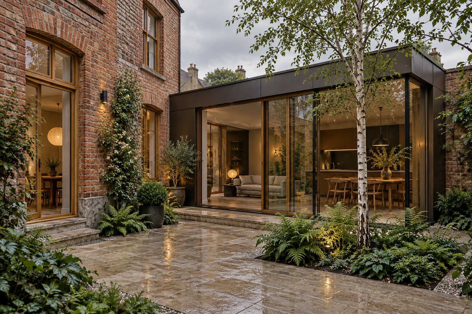 Concept d’extension contemporaine en métal sombre et verre contre une maison de brique